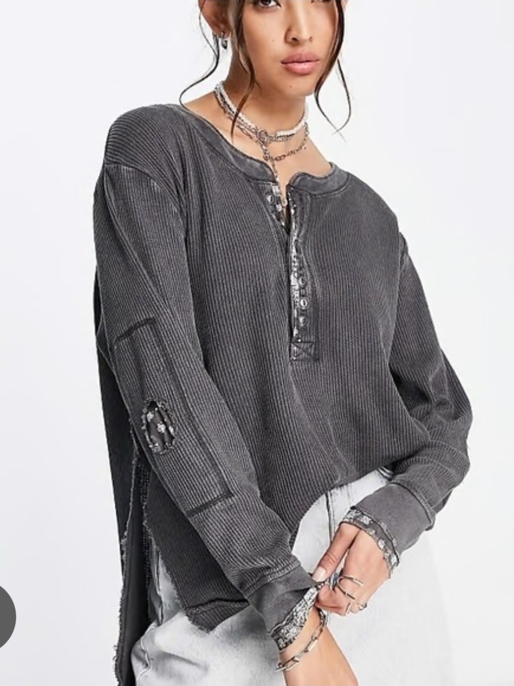 We The Free Washed Charcoal Ribbed Henley Long Sleeve Top
